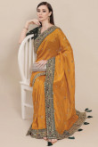 Mustard Yellow Lace Embroidered Silk Saree For Haldi 