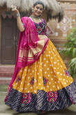 Mustard Yellow Rayon Bandhej Print Ready Made Navratri Lehenga