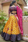 Mustard Yellow Rayon Bandhej Print Ready Made Navratri Lehenga