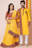 Mustard Yellow Rayon Mirror Embroidered Couple's Outfit 
