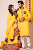 Mustard Yellow Rayon Patch Embroidered Couple's Outfit 