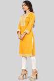 Rayon Kurti with Thread Embroidery in Mustard Yellow for Party 