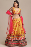 Mustard Yellow Satin A-Line Printed Lehenga
