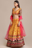 Mustard Yellow Satin A-Line Printed Lehenga