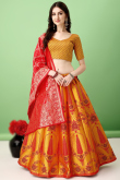 Mustard Yellow Silk Woven Zari Panelled Style Lehenga