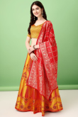 Mustard Yellow Silk Woven Zari Panelled Style Lehenga