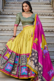 Mustard Yellow Tussar Silk Printed Flared Style Lehenga