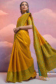 Mustard Yellow Weaved Thread Silk Madhubani Saree 