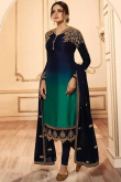 Navy Blue and Peacock Green Satin Silk Churidar Suit