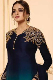Navy Blue and Peacock Green Satin Silk Churidar Suit