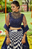 Navy Blue And White Cotton Silk Printed Lehenga