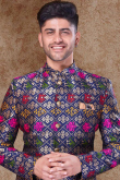 Navy Blue Art Silk Achkan Men Sherwani