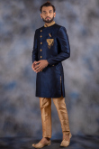 Art Silk Readymade Sherwani In Navy Blue Colour 