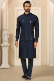 Navy Blue Art Silk Men Kurta Pajama With Jacket