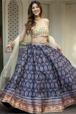 Navy Blue Art Silk Printed Flared Style Lehenga