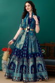 Navy Blue Art Silk Woven Zari Panelled Style Lehenga
