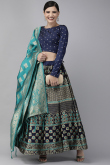 Zari Work Sangeet Lehenga in Navy Blue Banarasi Silk