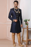 Navy Blue Banarasi Silk Embroidered Men's Sherwani with Churidar