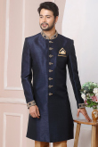 Navy Blue Banarasi Silk Embroidered Men's Sherwani with Churidar