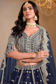 Navy Blue Chinnon Lehenga with Zari Work for Diwali 