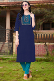 Navy Blue Straight Cut Casual Wear Kurti in Cotton