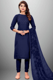 Navy Blue Cotton Embroidered Straight Cut Suit