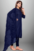 Navy Blue Cotton Embroidered Straight Cut Suit