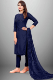 Navy Blue Cotton Embroidered Straight Cut Suit