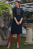 Navy Blue Cotton Kurti With Resham Work