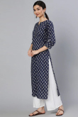Navy Blue Cotton Printed Kurti
