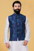 Wedding Wear Printed Navy Blue Men Waist Coat in Cotton
