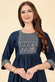 Navy Blue Cotton Rayon Calf Length Kurti