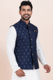 Navy Blue Cotton Silk Embroidered Waistcoat For Men 