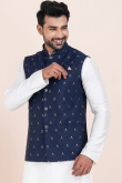 Navy Blue Cotton Silk Embroidered Waistcoat For Men 