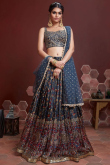 Navy Blue Silk Printed Wedding Wear Lehenga