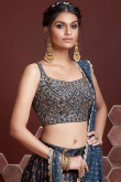 Navy Blue Silk Printed Wedding Wear Lehenga