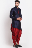 Navy Blue Dupion Silk Asymmetrical Men's Dhoti Kurta 