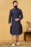Navy Blue Dupion Silk Embroidered Churidar Men Kurta 