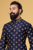 Navy Blue Dupion Silk Embroidered Churidar Men Kurta 