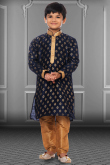 Navy Blue Dupion Silk Embroidered Kids Kurta Pajama
