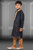 Navy Blue Dupion Silk Embroidered Kids Kurta Pajama