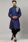 Navy Blue Party Wear Resham Work Men Kurta Pajama in Dupion Silk