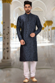 Dupion Silk Navy Blue Resham Work Men Kurta Pajama for Sangeet