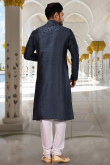 Dupion Silk Navy Blue Resham Work Men Kurta Pajama for Sangeet