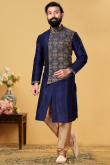 Navy Blue Dupion Silk Embroidered Men Sherwani for Wedding & Party