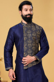 Navy Blue Dupion Silk Embroidered Men Sherwani for Wedding & Party