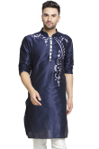Navy Blue Dupion Silk Embroidered Men's Kurta
