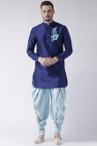 Navy Blue Dupion Silk Embroidered Straight Cut Men's Kurta Dhoti