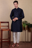 Navy Blue Dupion Silk Embroidered Straight Cut Men's Kurta Pajama