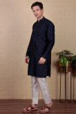 Navy Blue Dupion Silk Embroidered Straight Cut Men's Kurta Pajama
